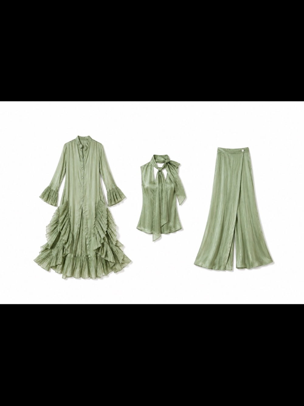 100% silk 3 pc Sage Green Three-Piece Set - Dress, Halter Top & high waist pants
